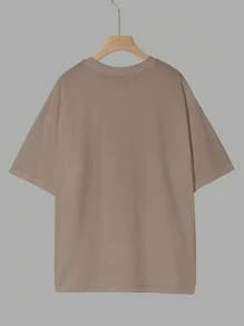 INAWLY Áo thun cổ tròn rộng rãi họa tiết chữ thường ngày cỡ lớn dành cho nữ, mùa hè - Màu Khaki - Xem 2