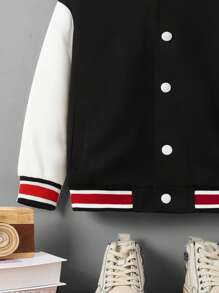 SHEIN 年轻男孩舒适休闲龙纹拼色羊毛棒球夹克 - 黑色 - 查看 5