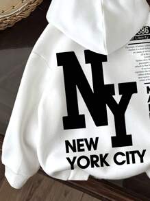 SHEIN 青少年男孩休闲简约纽约卡通图案宽松厚连帽运动衫秋冬季 - 白色 - 查看 4