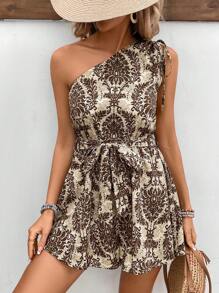 SHEIN Frenchy 全身露肩带挂脖印花单肩系带连体衣 - 咖啡棕 - 查看 6