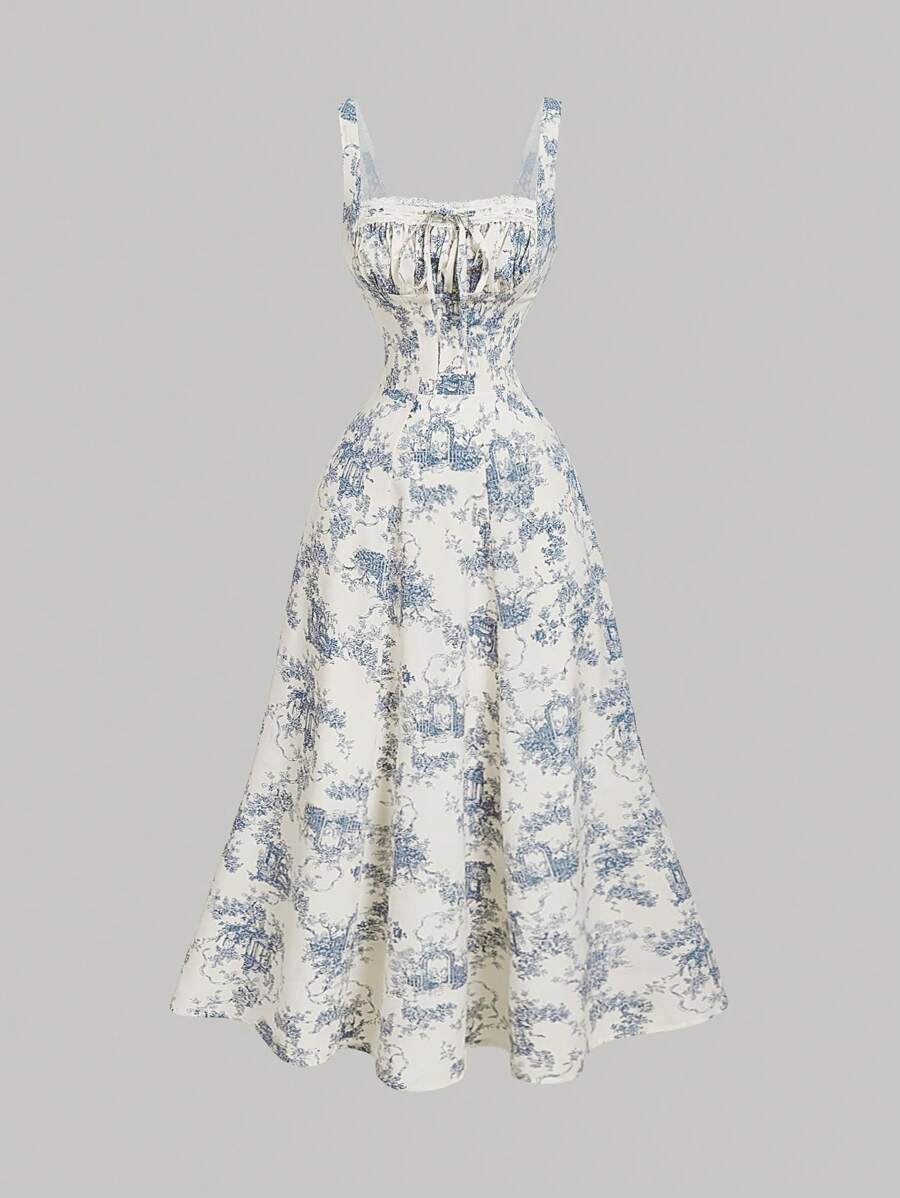 SHEIN MOD Women's Summer Full Print Waist Spliced Lace Camisole Dress,Bohemia - Blue - View 1