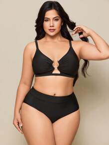 Swim Basics Solid Color Bikini Set, Ruffled Straps, Adjustable Shoulder Straps, High Waist Bottom, 2 Pieces Swimwear Set, Plus Size For Summer Beach Vacation - Black - View 6