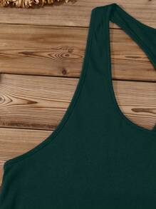 EMERY ROSE Plus Size Women Casual Minimalist Lotus Flower Pattern Racerback Tank Top, Suitable For Summer - Dark Green - View 4