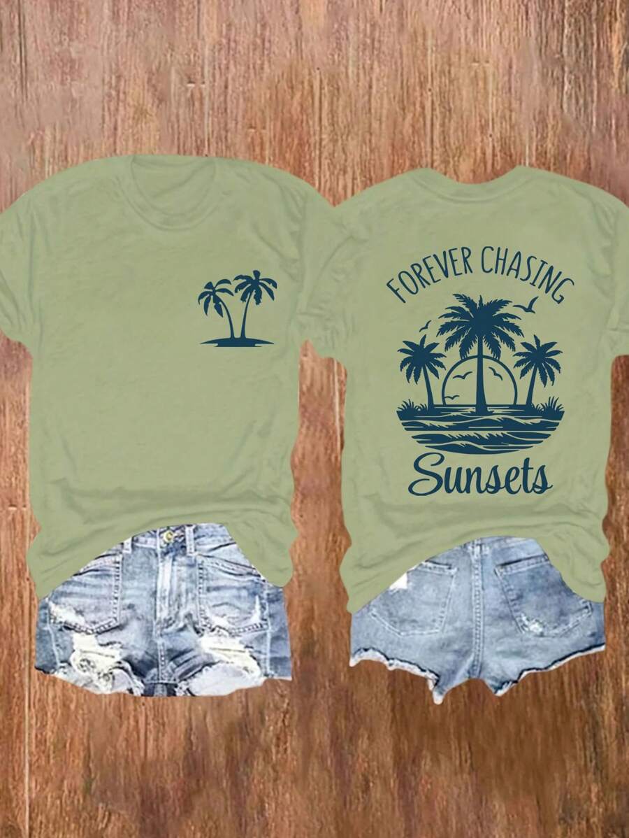 日落海滩棕榈树字母印花短袖圆领 T 恤，适合休闲、户外、度假穿着，适合所有季节 - 軍綠色 - 查看 1