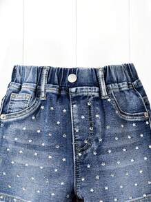 Young Girls Cute Vintage Style Washed Denim Elastic Skinny Soft Comfortable Versatile Casual Girl's Denim Shorts - Medium Wash - View 5