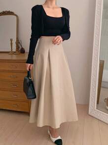 DAZY Women's Elegant Commuter Solid Color Pleated Mid-Length A-Line Skirt Fall Skirts - Pink - View 4