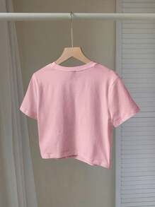 SHEIN EZwear 女士休闲简约蝴蝶结装饰可爱图案圆领短袖短款修身 T 恤，上衣适合夏季 - 淺粉色 - 查看 2