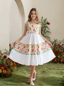 SHEIN 少女色彩鲜艳的花卉图案吊带连衣裙，适合春季 - 白色 - 查看 4