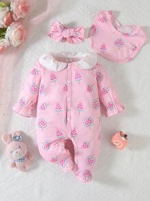 SHEIN 3 件套女婴粉色西瓜印花长袖连体衣（含围兜和头带）家居服 - 彩色 - 查看 1