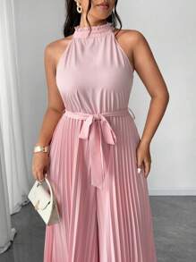 SHEIN Unity Plus Size Women Elegant Romantic Halter Neck Tie Waist Ruffle Jumpsuit - Dusty Pink - View 4