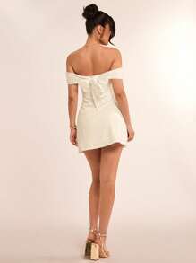 SHEIN BAE 夏季海滩度假纯白色露肩后蝴蝶结迷你连衣裙，适合日常约会、夜间外出、夜总会、派对、聚会、鸡尾酒会、泳池派对、返校季节服装、学校季节连衣裙、节日连衣裙女士连衣裙 - 杏色 - 查看 1