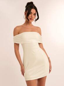 SHEIN BAE 夏季海滩度假纯白色露肩后蝴蝶结迷你连衣裙，适合日常约会、夜间外出、夜总会、派对、聚会、鸡尾酒会、泳池派对、返校季节服装、学校季节连衣裙、节日连衣裙女士连衣裙 - 杏色 - 查看 3