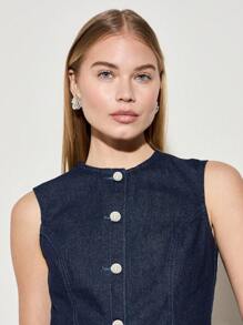 AiiRZ Top con chaleco de mezclilla con volante sin mangas, con botones delanteros, índigo crudo, con estructura ajustada, prenda de trabajo profesional, pieza de declaración de moda para primavera y verano - Azul - Ver 4