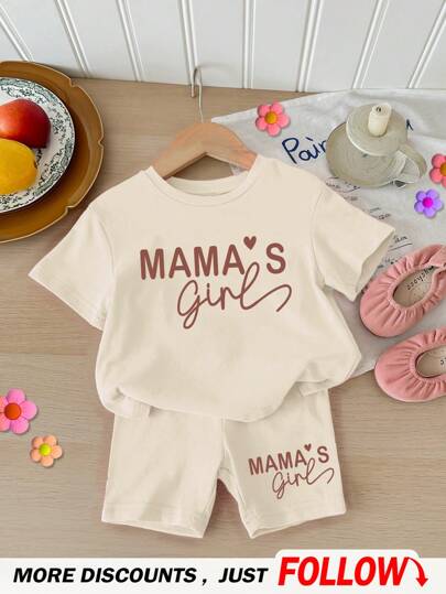 SHEIN Baby Girls 2pcs Set Round Neck Short Sleeve T-Shirt And Leggings, Casual & Minimalist