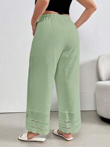 SHEIN Essnce Plus Size Women's Clothing Summer Clothes Summer Tops Fashion Casual Commuting Elegant Work Splicing Lace Linen Pants Petite Dress Pants White Wide Leg Women Pants - Mint Green - View 2