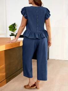 SHEIN Frenchy 2pcs Plus Size Women's Solid Color Back Single-Breasted Cap Sleeve Shirt And Pants Set - Navy Blue - View 5