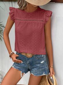 SHEIN Frenchy Rundhals T-Shirt mit Lochstickerei, Rüschenverzierung und Spitzenbesatz