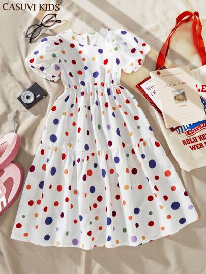 SHEIN Explorewe 1pc Girls' Polka Dot Print Casual Dress, Summer Vacation Outfit