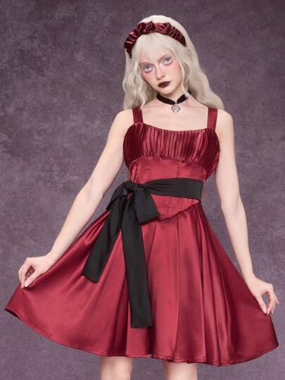 ROMWE Goth Oversized Bow Back Lace-Up Puffy Satin Mini Party Dress For Women