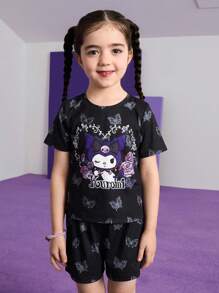 HELLO KITTY AND FRIENDS | SHEIN 2pcs/Set Young Girl Punk Style Butterfly & Rose Knitted Round Neck T-Shirt And Shorts Set - Black - View 4