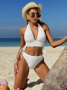 SHEIN Swim 女士夏季海滩度假两件套纯色纹理面料侧系带短款上衣和高腰下装比基尼泳装套装 - 白色 - 查看 5