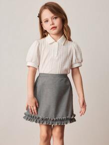 PrepCrw Young Girls' Academy Style Black & White Houndstooth Print Ruffle Hem Mini Skirt, Spring/Summer - Black and White - View 2