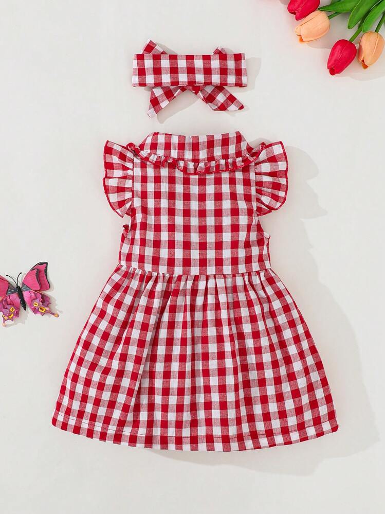 SHEIN Vintaside Kids فستان بناتي كاجوال قابل للارتداء في أي مكان مع أكمام قصيرة على شكل مربعات، مناسب للاستخدام في الخارج أو في المنزل اليومي - الأحمر - مشاهدة 2