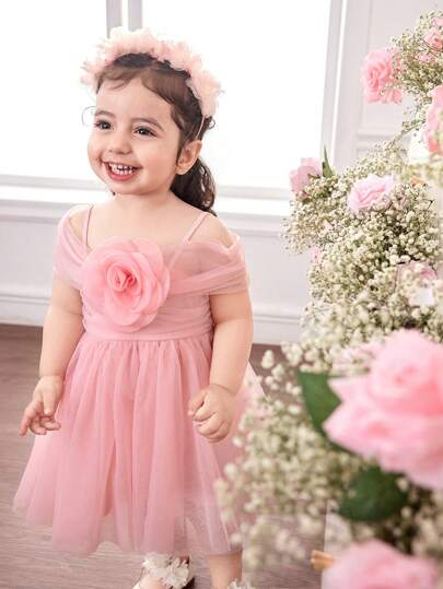 Babygirl 夏季可爱优雅粉色花朵网眼连衣裙