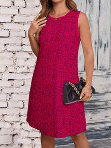 SHEIN LUNE Plus Size Women Floral Print Crew Neck Sleeveless Tank Dress Sundress,Casual Summer Women Outfit Beach Women Outfit - Hot Pink - View 4