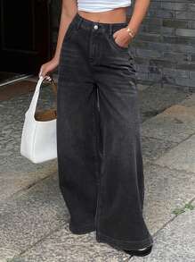 Distressed Wash West Cowboy Fade Wide Leg Loose Jeans, Casual Women Summer Denim Pants - Grey - View 3