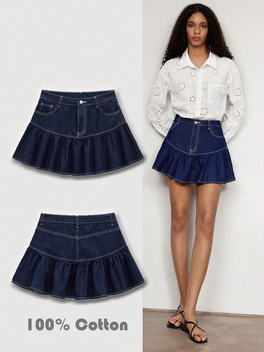 Maija Women's Blue Denim Skirt With Ruffle Hem - Dark Wash - View 1