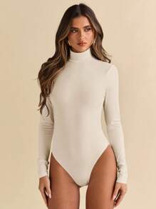 SHEIN BAE Bộ đồ liền thân dài tay khoét sâu gợi cảm cho nữ - Màu be - Xem 2