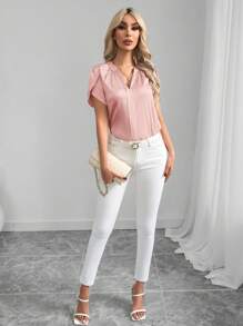 SHEIN Clasi Camicia/blusa elegante di colore unito in raso con maniche a petalo e scollo a V, per primavera/estate, stile "Old Money" - Rosa Baby - Visualizzare 5