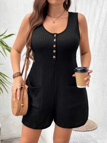 SHEIN LUNE Plus Size Casual Jumpsuit, Comfortable Textured Fabric Bohemia Easter Outfit Women Country Concert Outfit Graduation Outfit Summer Outfits For Women Brunch Outfits For Women Mother's Day Church Outfits Women - Black - View 3
