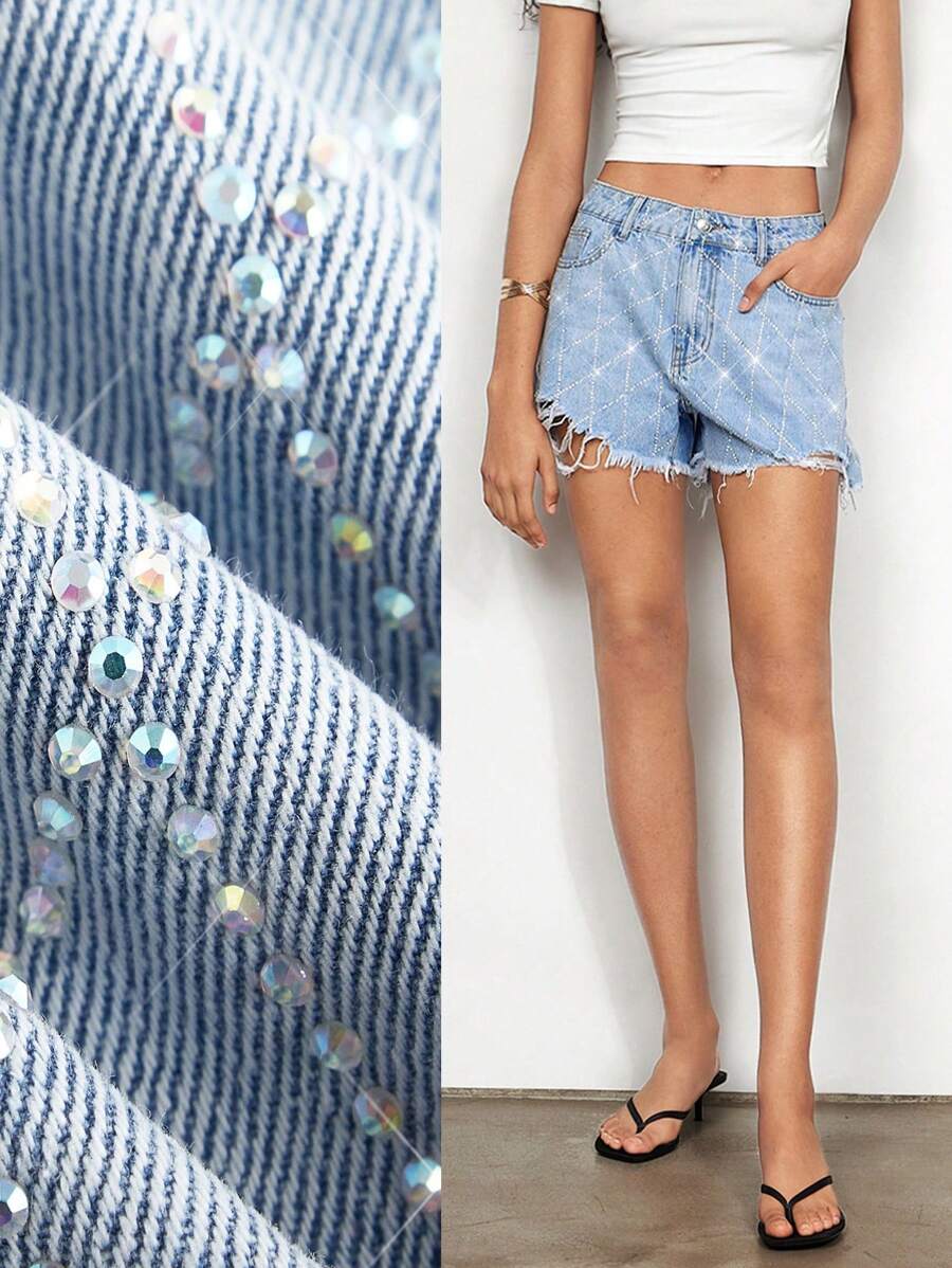 Maija Blauwe denim shorts met glinsterende strass-versiering en franje voor dames