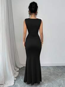 Rafferiza Women's Solid Color Splice Ruched Waist Mermaid Elegant Long Dress - Black - View 2