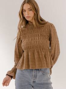 Aralina Blusa de manga larga con fruncidos de estilo boho chic - Marrón Chocolate - Ver 8