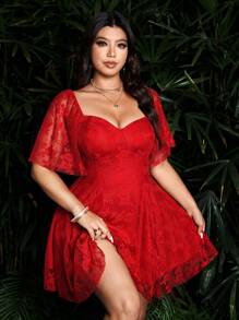 Sunspun Đầm suông tay ngắn cổ tim màu trơn cỡ lớn thanh lịch - Đỏ - Xem 5