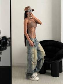 StreetHx 街头服饰女士纯色镂空破洞无袖休闲针织短款上衣，适合春夏季 - 咖啡棕 - 查看 3