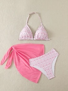 SHEIN 少女三件套泳衣套装：碎花比基尼上衣、系带下装和裙裤，蓝色和白色 - 粉色 - 查看 4