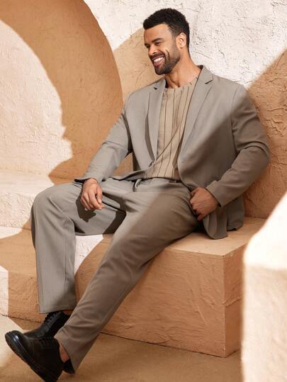 EASEVO Plus Size Men Woven Casual Long Sleeve Suit Top And Pants Set