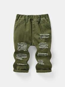 SHEIN Pantalones vaqueros holgados de denim suave con cortes y roturas para niño pequeño en verano - Verde militar - Ver 1