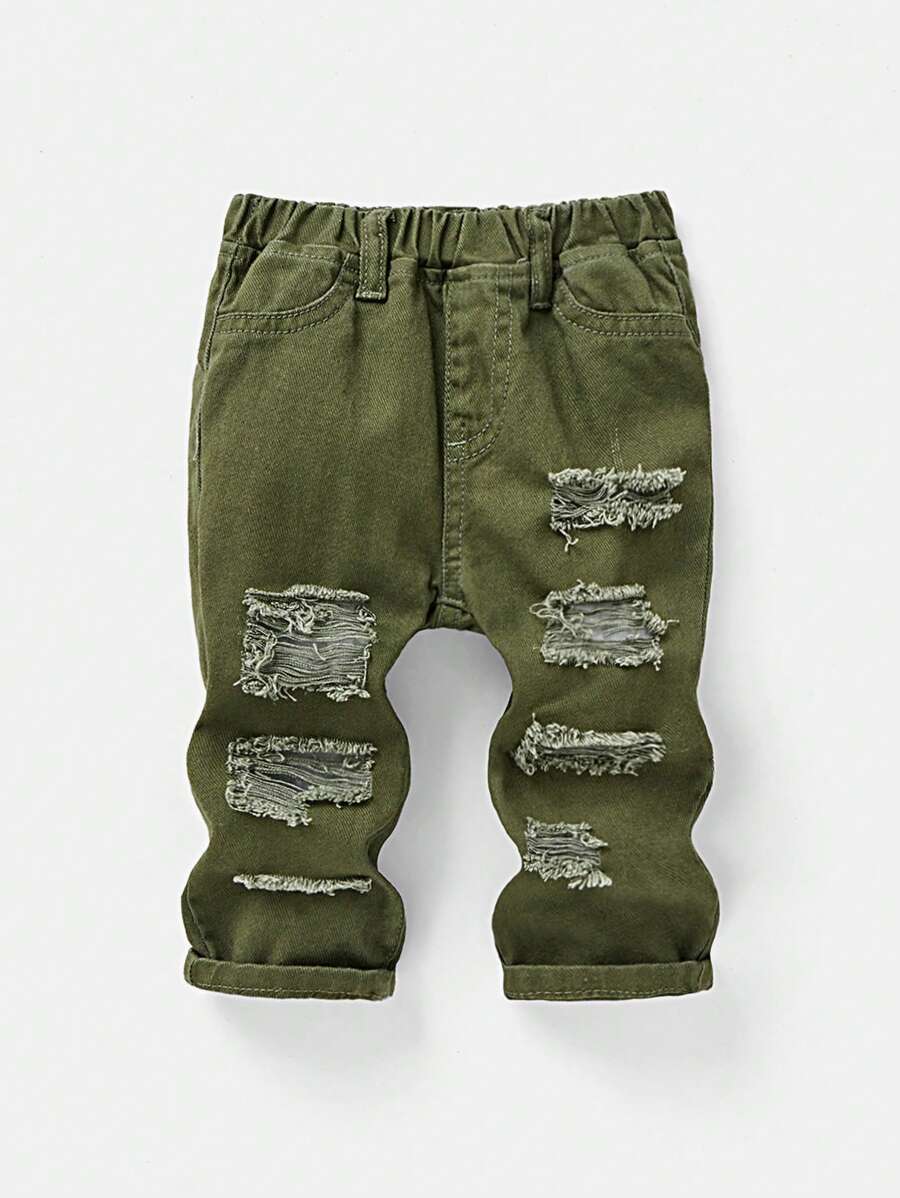 SHEIN Pantalones vaqueros holgados de denim suave con cortes y roturas para niño pequeño en verano - Verde militar - Ver 1