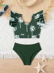 1pc Young Girl Green Bottom Coconut Tree Ruffle Split Bikini Set, Family Matching Outfits Mommy And Me (4 Sets Sold Separately) - Multicolor - View 3