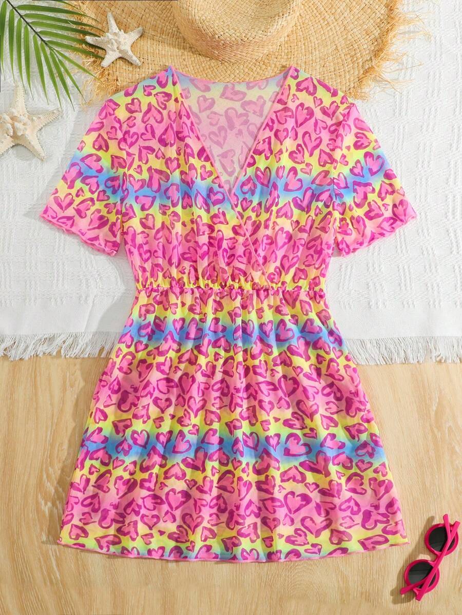 Tween Girl Heart Print V-Neck Criss-Cross Wrap Front Short Sleeve Dress Summer Holiday - Multicolor - View 1