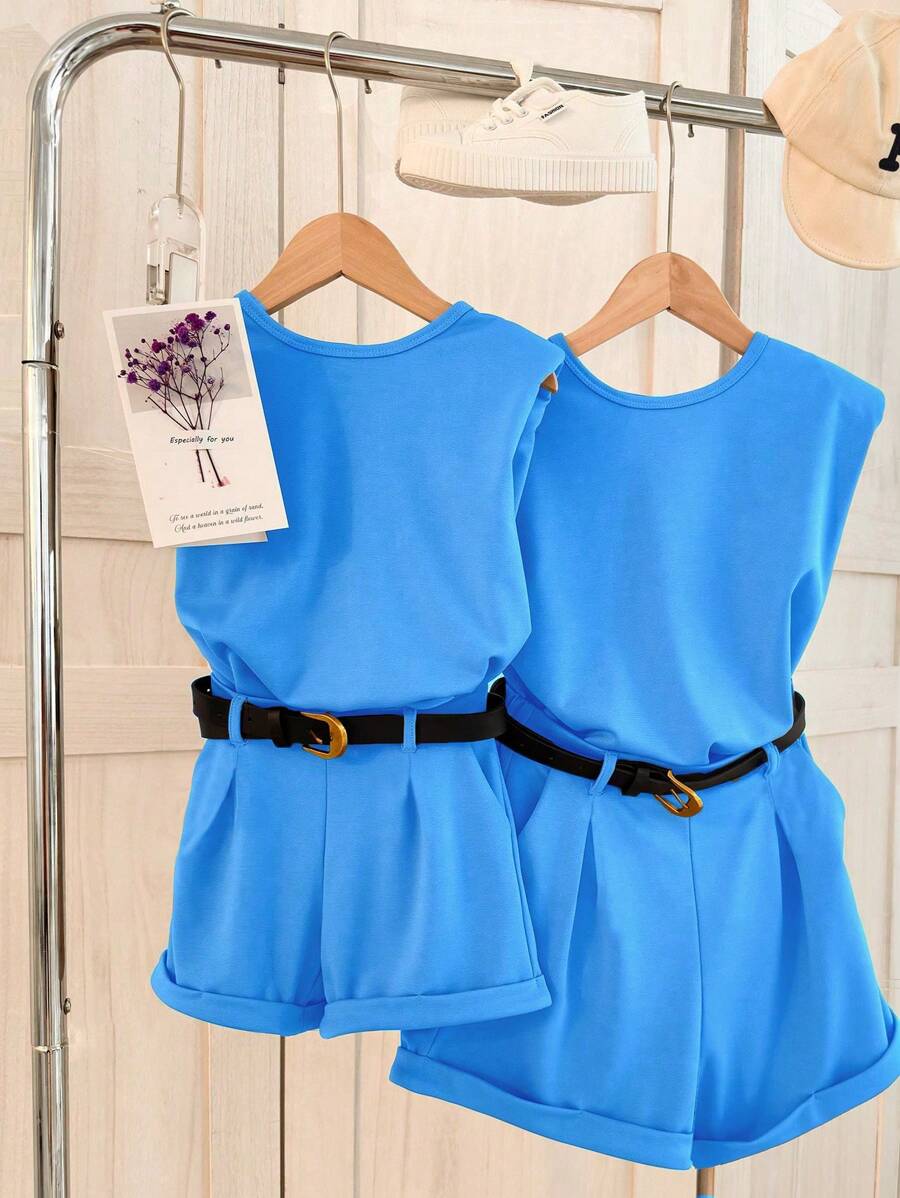Tween Girls' Summer Casual Solid Color Crew Neck Top And Shorts 2 Pieces Set - Baby Blue - View 1