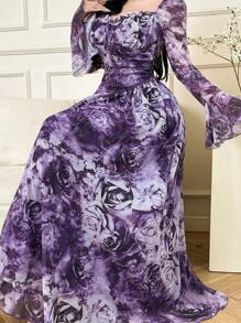 Modelyn 女士花卉印花甜心领喇叭袖优雅连衣裙 - 紫色 - 查看 4
