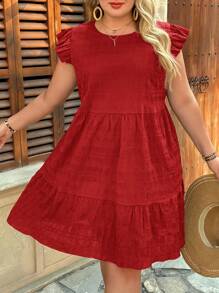 SHEIN VCAY Plus Size Sleeveless Solid Color Round Neck Casual Summer Dress - Red - View 3