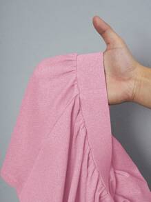 Slaydiva 春夏新款休闲基础款运动风简约圆领短袖两面褶短T恤+摆伞裙两边短款前后中长款浅灰色罗纹针织面料女两件套夏季套装 - 粉色 - 查看 8