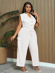 Slaydiva Plus Size Women's Elegant & Commute & Daily Solid Yellow Sleeveless Collar Open Front Drawstring Waist Jumpsuit With Pockets, Adjustable Ankle Hem, Spring/Summer - White - View 4